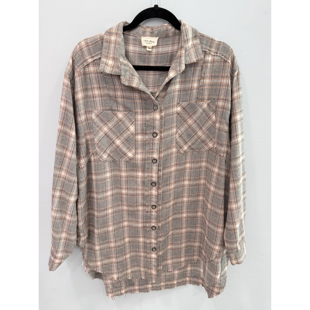 143 Story by Line Up Plaid Flannel Shirt Large Cotton Raw Frayed Hem Grunge - Picture 2 of 7